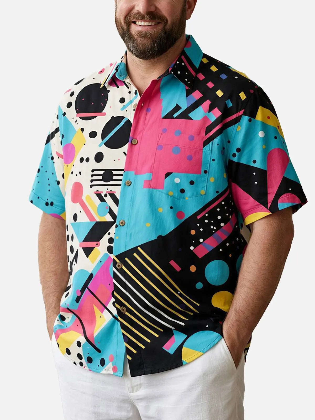 Tall Men's Trapper Keeper Inspired Colorful  Geometric Shapes Short Sleeve Shirt ElevenOasis