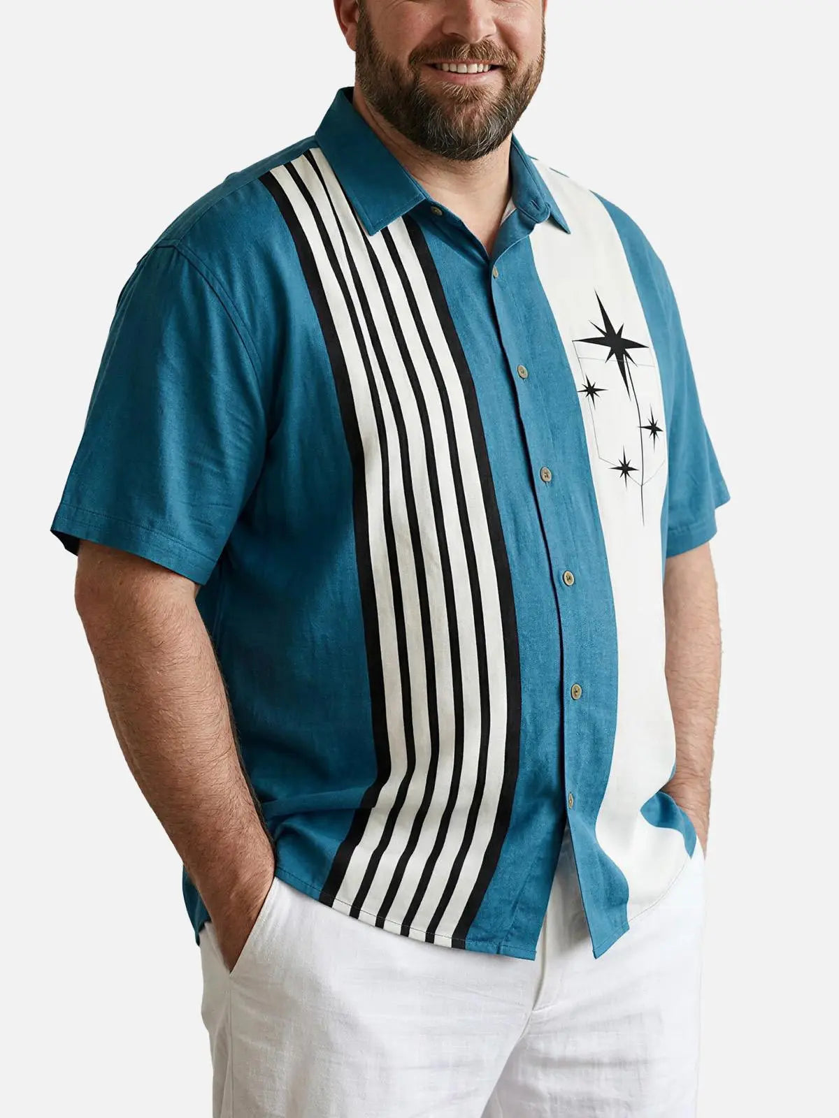 Tall Men's Striped with Space-Age Stars Casual Short Sleeve Shirt ElevenOasis