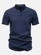 Men's Cotton Linen Band Collar Short Sleeve Shirt ElevenOasis