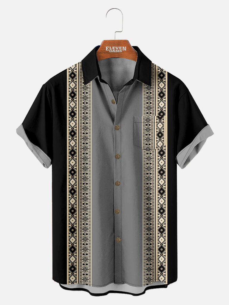 Men's Geometric Stripes Pattern Short Sleeve Shirt with Chest Pocket ElevenOasis