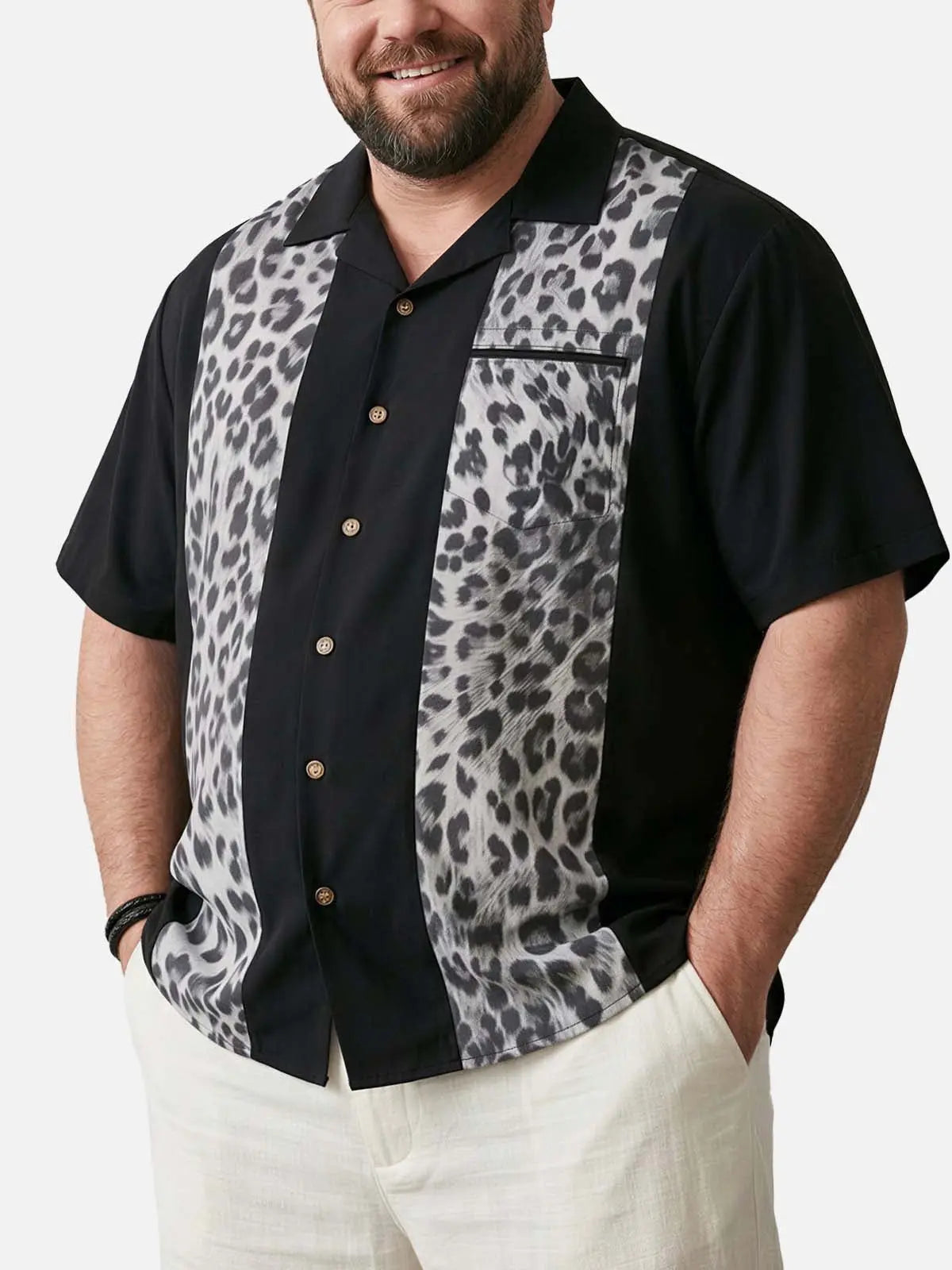 Tall Men's Leopard Print Panel Bowling Short Sleeve Shirt 
