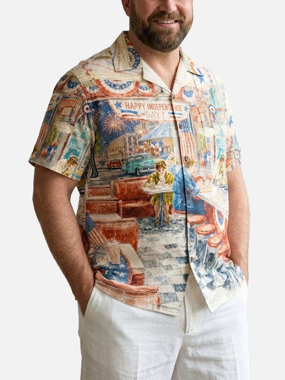 Tall Men's Vintage Diner Independence Day Short Sleeve Shirt Eleven Oasis