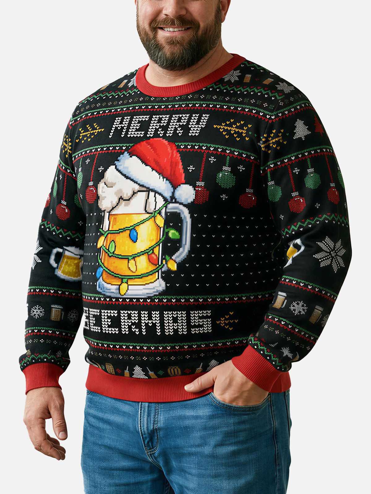 Merry Beermas Beer Mug Ugly Christmas Sweater ElevenOasis