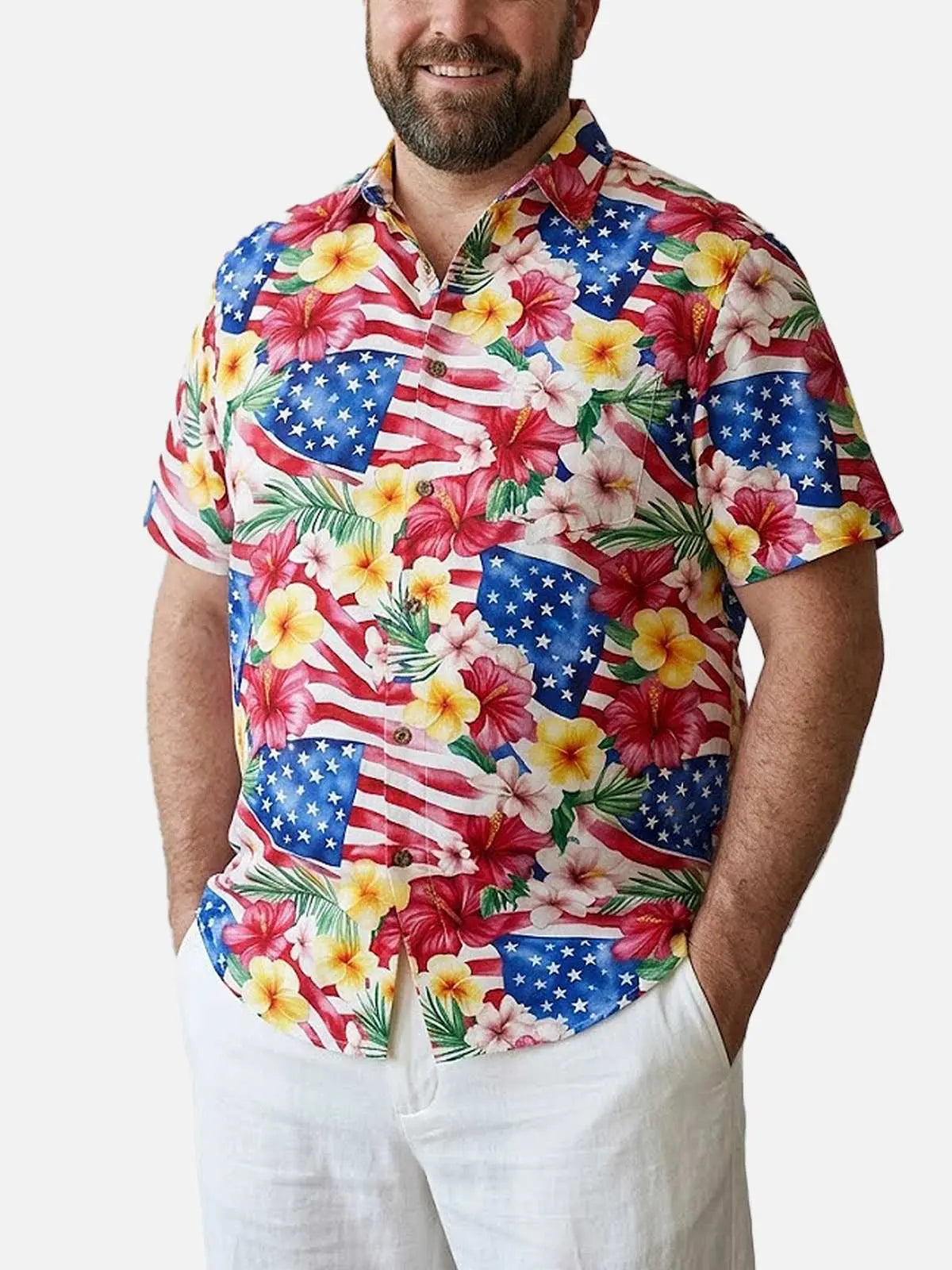Tall Men's Tropical Americana Floral Short Sleeve Shirt Eleven Oasis