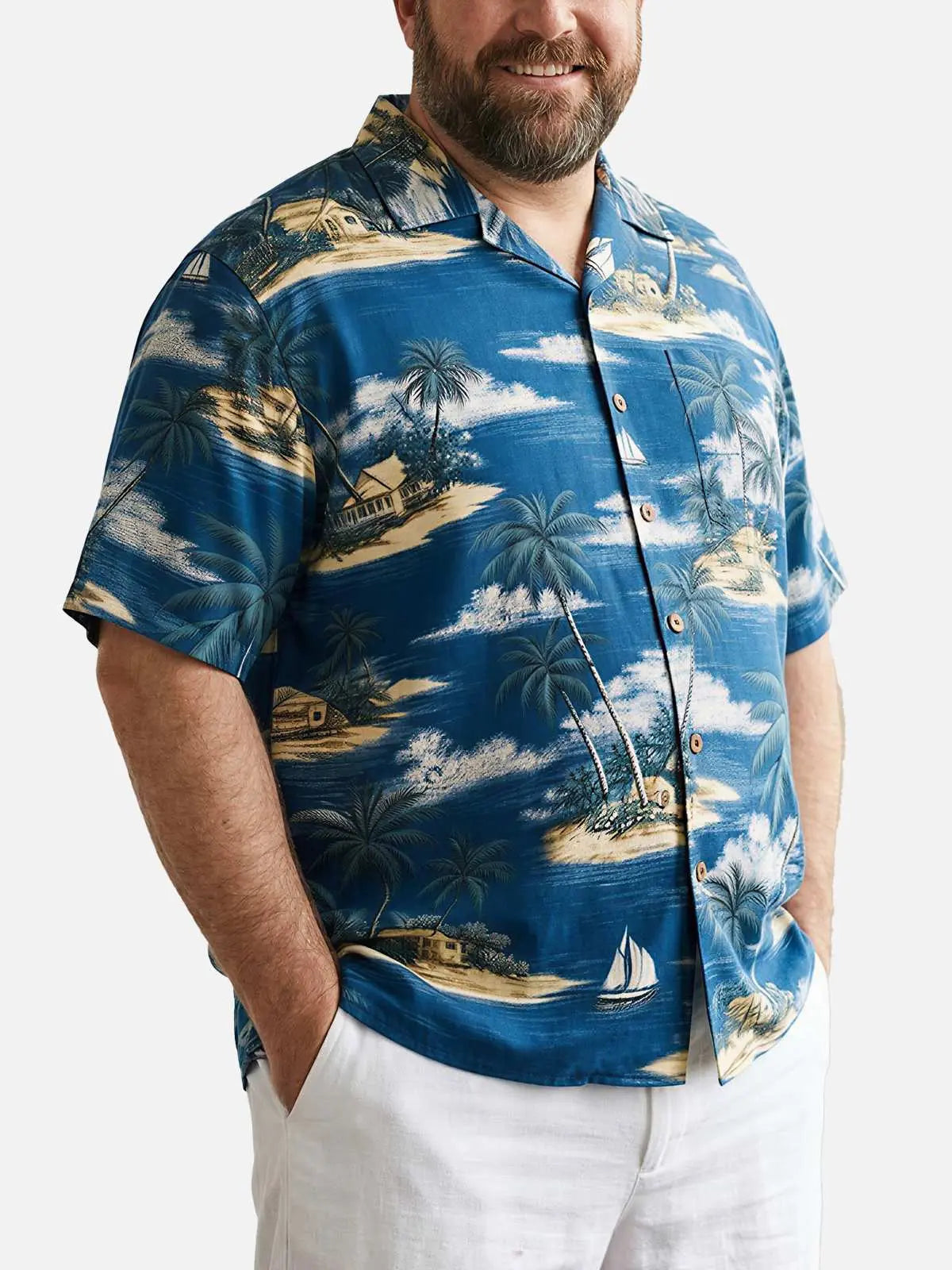 Tall Men's Tropical Island Sailboat Camp Collar Short Sleeve Shirt Eleven Oasis