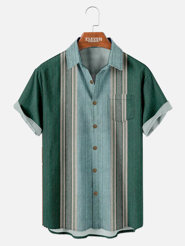 Men's Simple Pattern Striped Every Day Short Sleeve Shirt with Chest Pocket Eleven Oasis