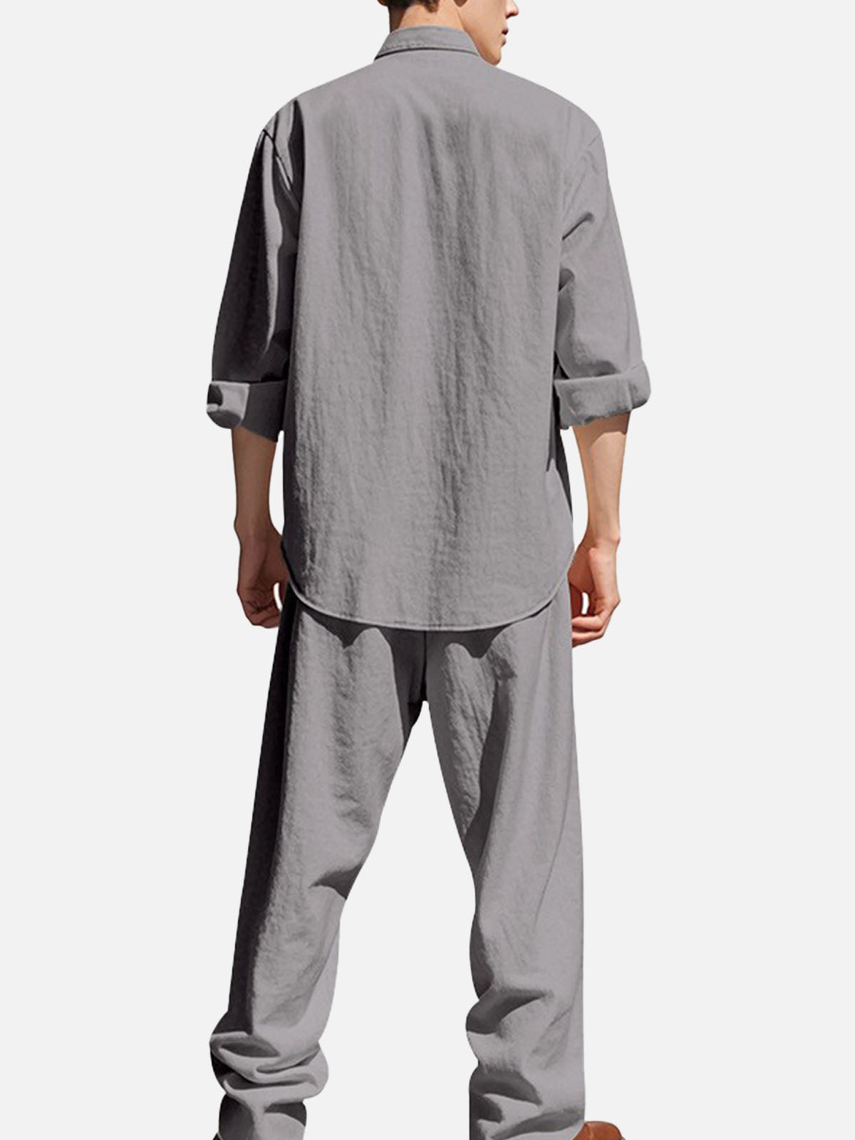 Men’s Solid Color Linen Long Sleeve Elastic Waist Wide Leg Set Vacation Slow Living Linen Ensemble Eleven Oasis