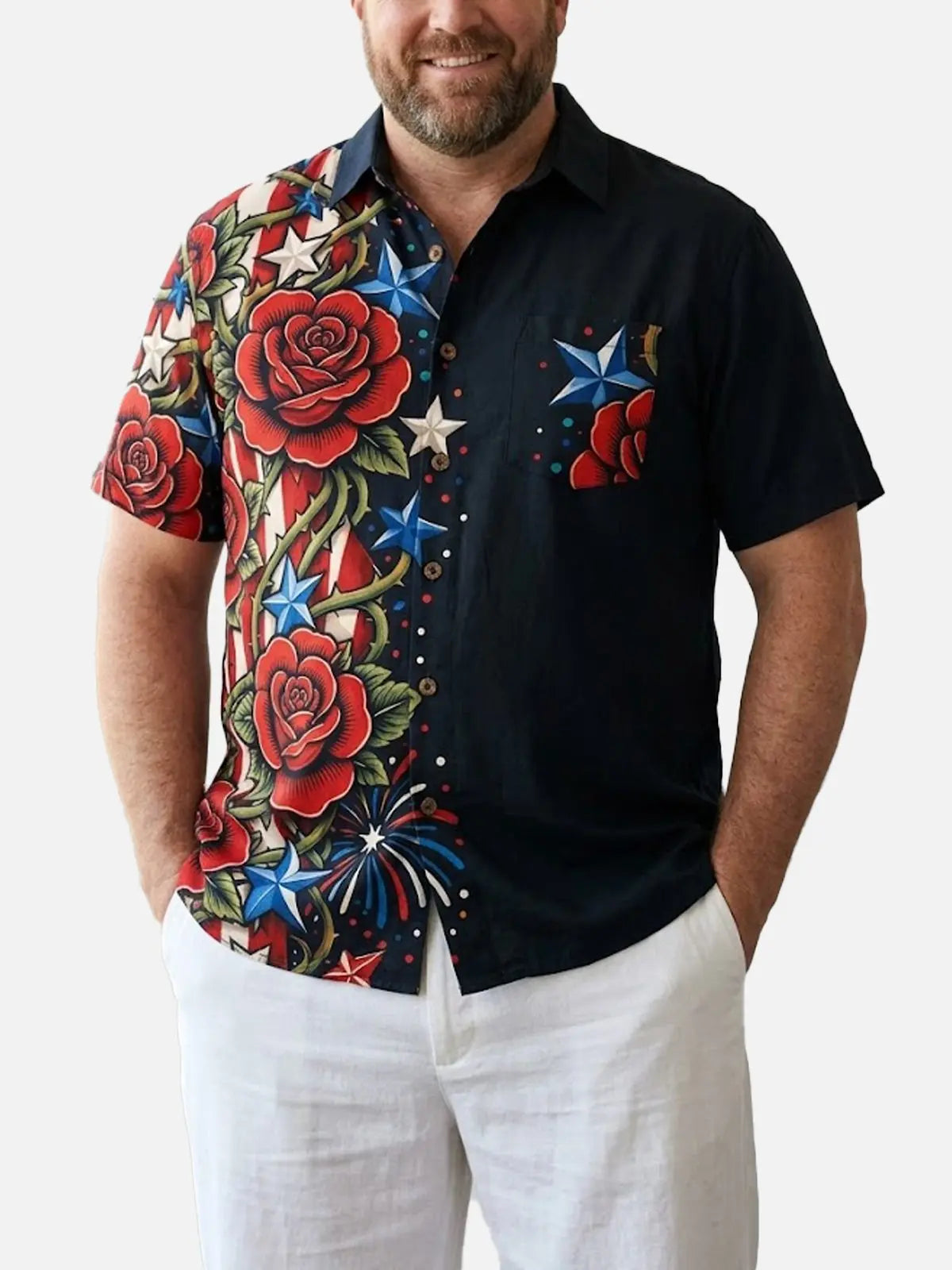 Tall Men's Patriotic Rose Fireworks Short Sleeve Shirt Eleven Oasis