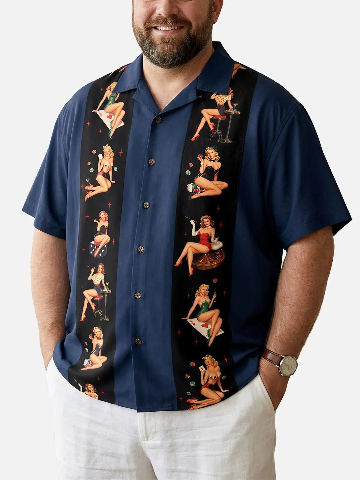Tall Men's Pin-Up Poker Night Bowling Short Sleeve Shirt Eleven Oasis