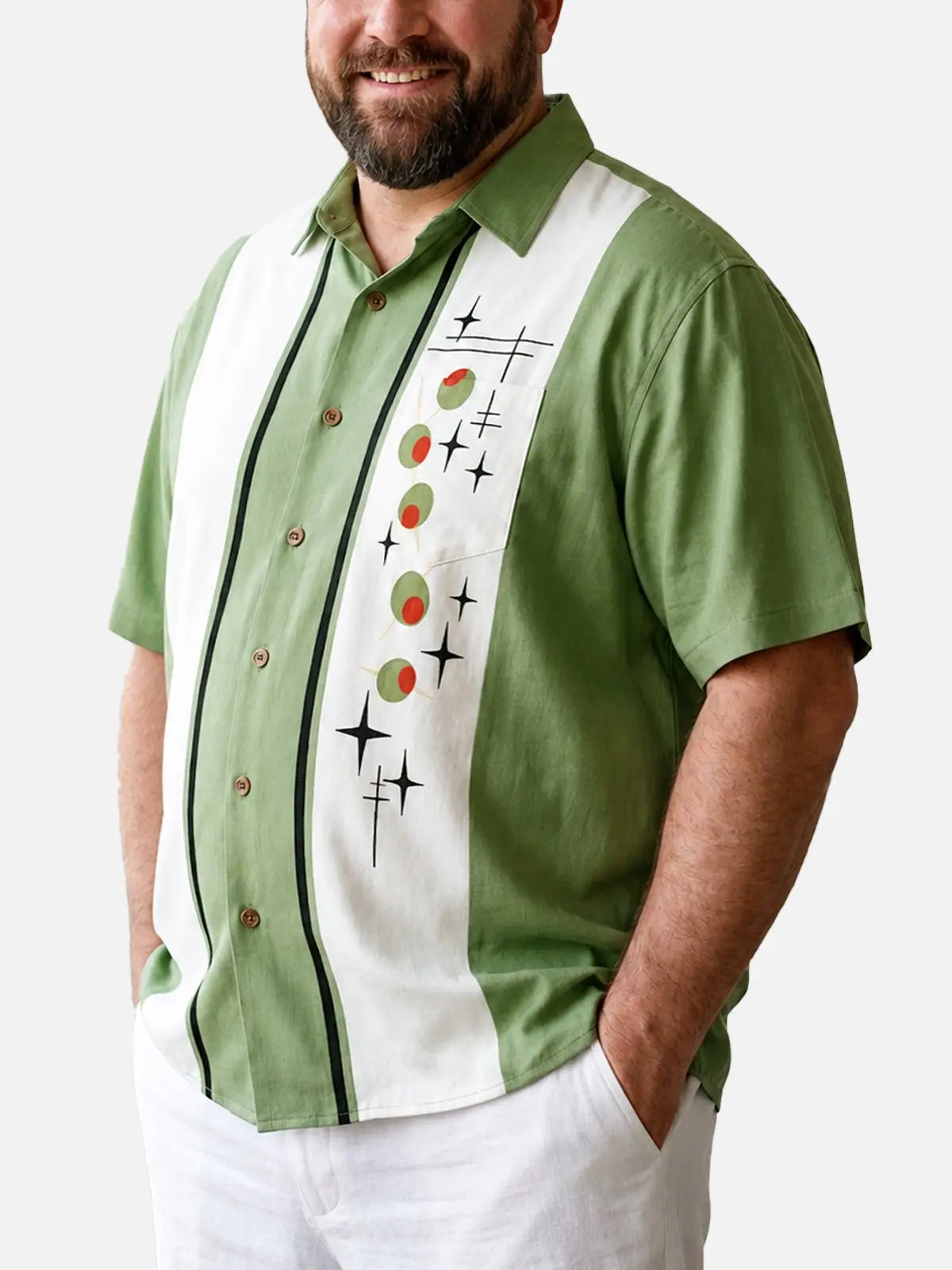 Tall Men's Atomic Olive Starburst Bowling Short Sleeve Shirt ElevenOasis