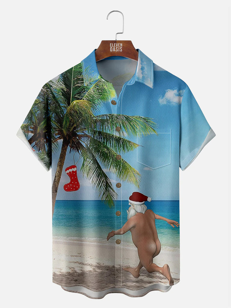 Men's Naked Santa Running on the Beach to a Christmas Stocking Palm Tree Short Sleeve Shirt Eleven Oasis