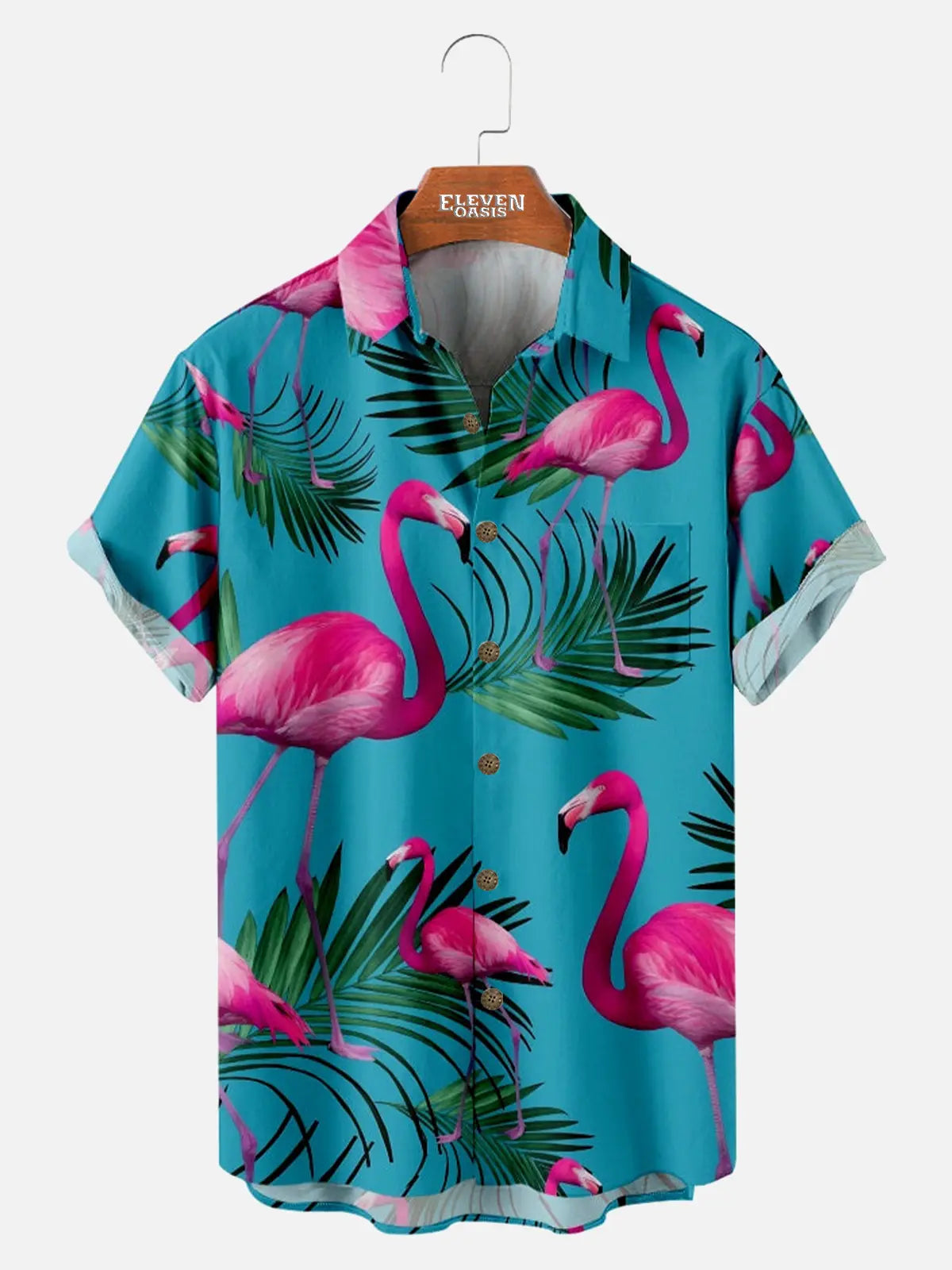 Men's Palm Flamingos All Over Print Casual Short Sleeve Shirt Eleven Oasis