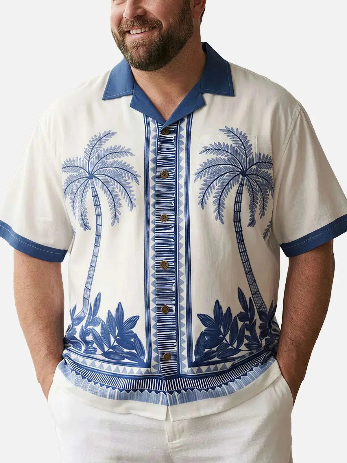 Tall Men's Blue Palm Tile Panel Short Sleeve Shirt ElevenOasis
