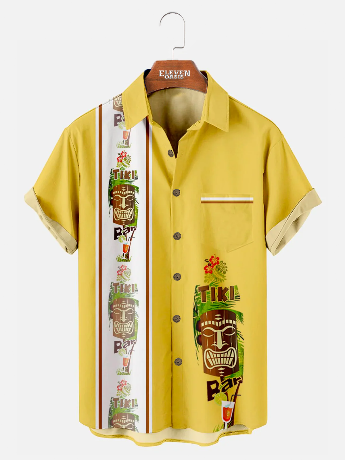 Men's Hawaiian Tiki Print Bowling Casual Short Sleeve Shirt with Chest Pocker Eleven Oasis