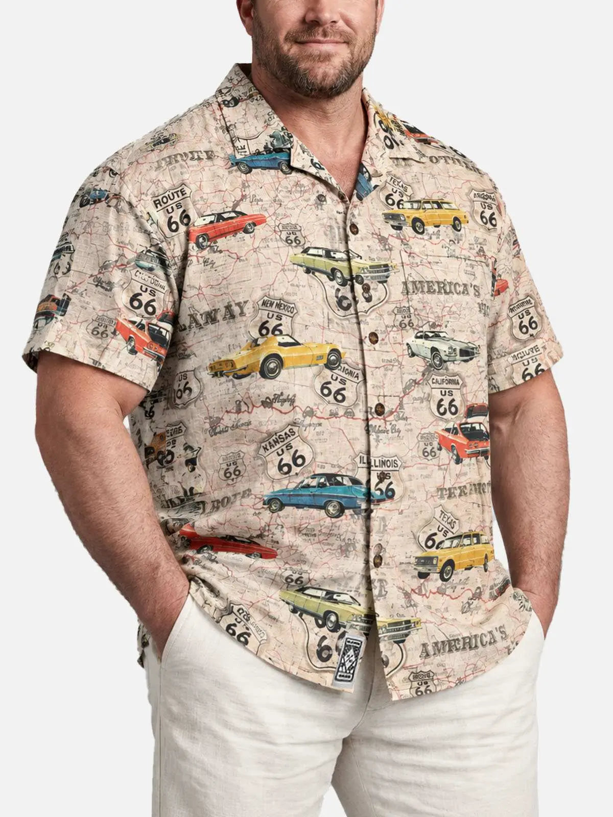 Tall Men's Route 66 Classic Car Map Short Sleeve Shirt 
