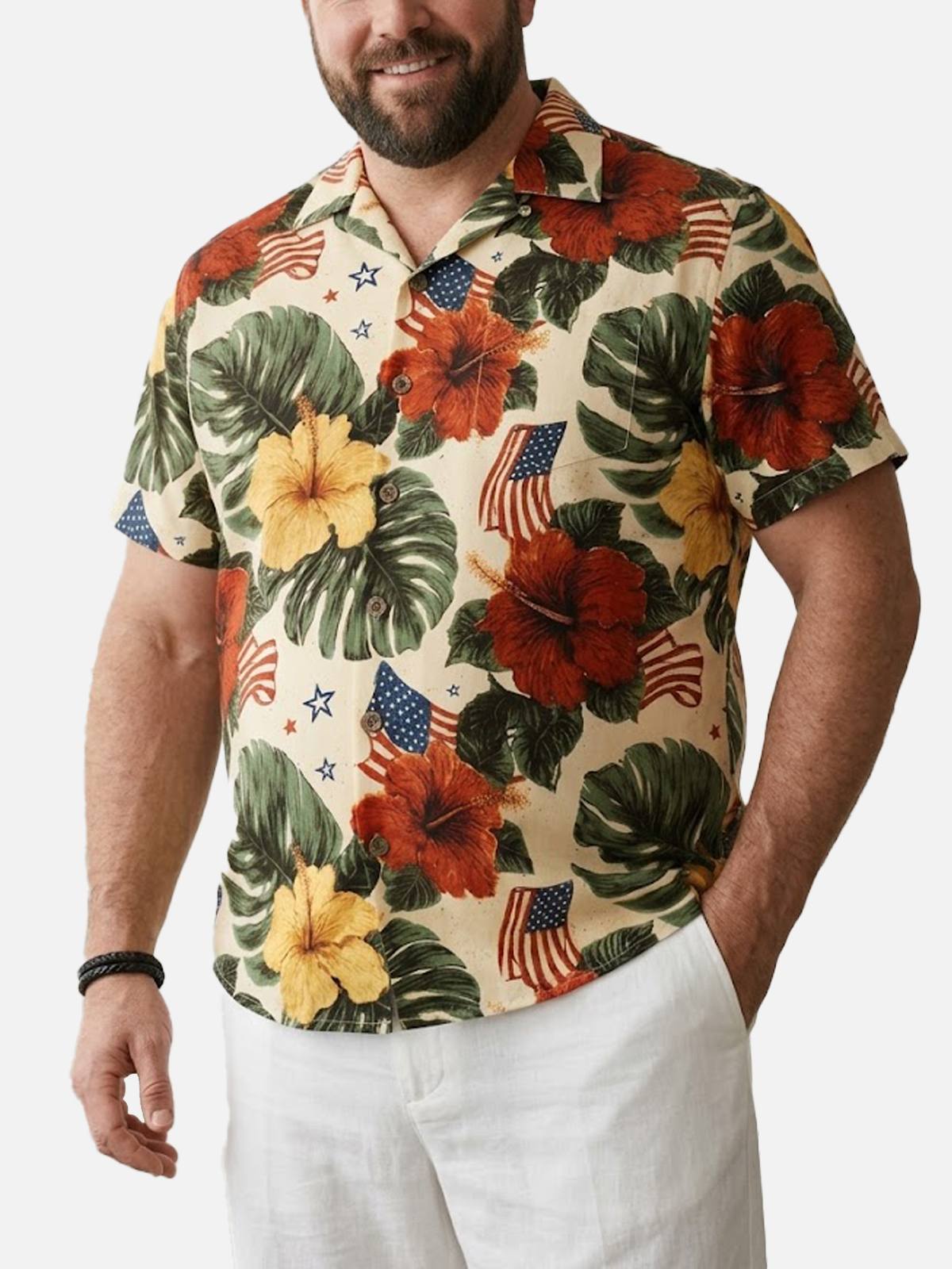 Tall Men's Patriotic Tropical Hibiscus Short Sleeve Shirt Eleven Oasis