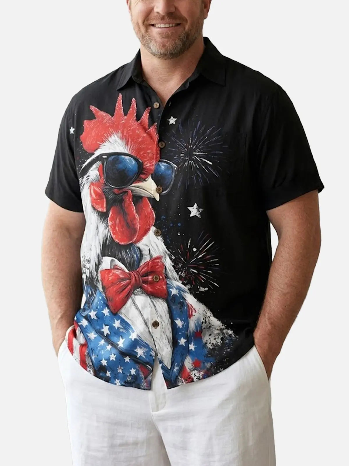 Tall Men's Patriotic Rooster Fireworks Short Sleeve Shirt ElevenOasis