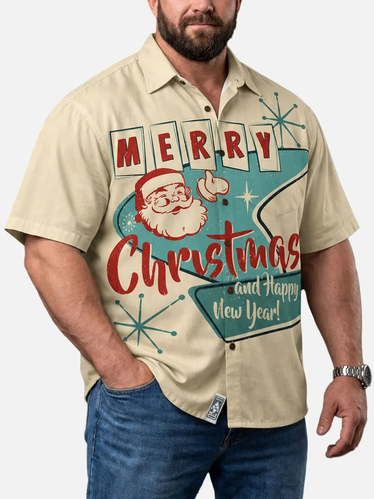 Tall Men's Mid-Century Modern Santa Holiday Short Sleeve Shirt 