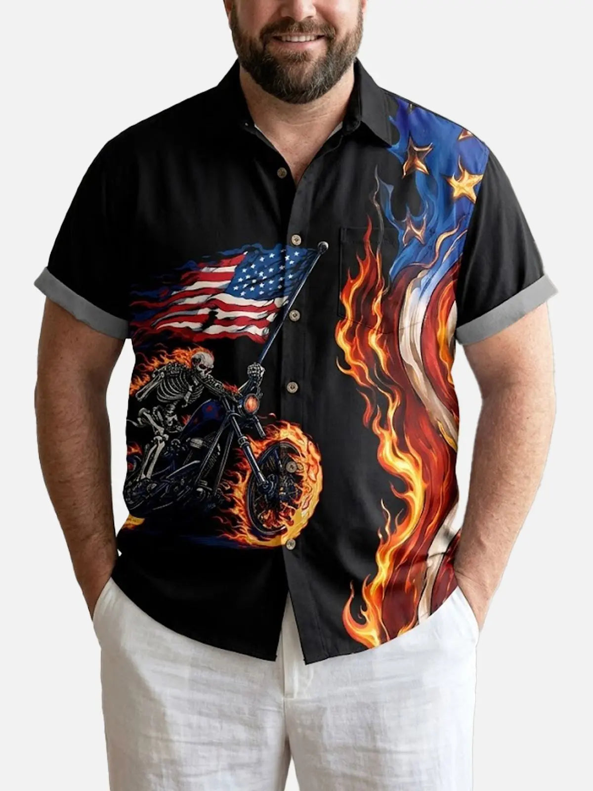 Tall Men's Flaming Skeleton Biker Short Sleeve Shirt Eleven Oasis