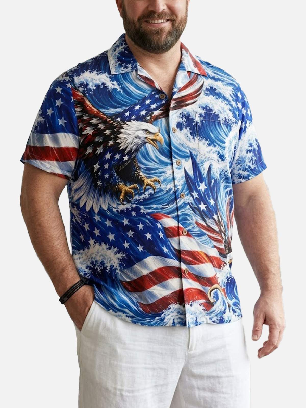 Tall Men's Patriotic Eagle Wave Short Sleeve Shirt Eleven Oasis
