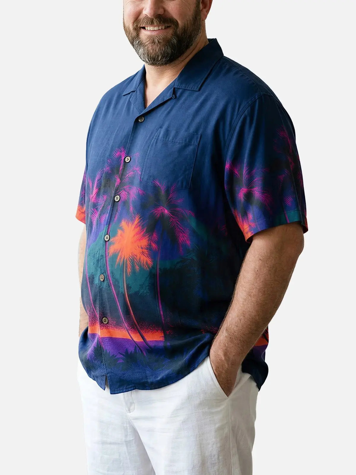 Tall Men's Neon Palm Sunset Camp Collar Short Sleeve Shirt Eleven Oasis