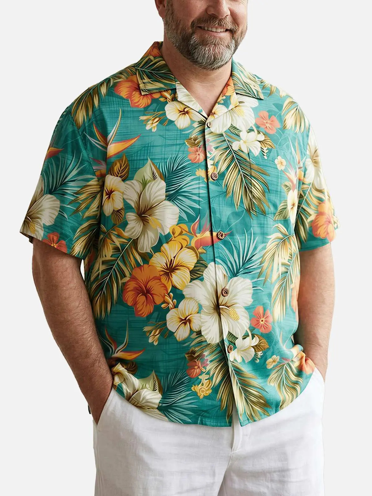 Tall Men's Hibiscus and Bird of Paradise Short Sleeve Shirt Eleven Oasis
