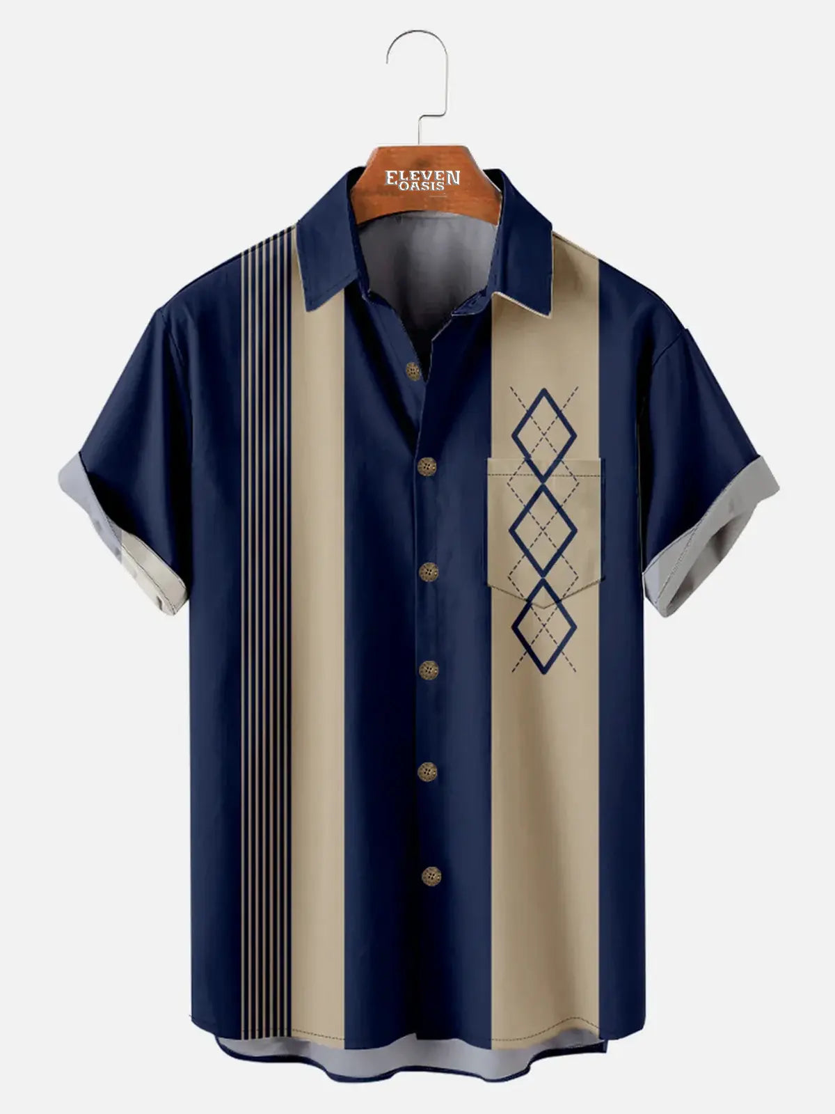 Casual Art Collection Geometric Stripes Color Block Bowling Pattern Lapel Short Sleeve Shirt Print Top ElevenOasis