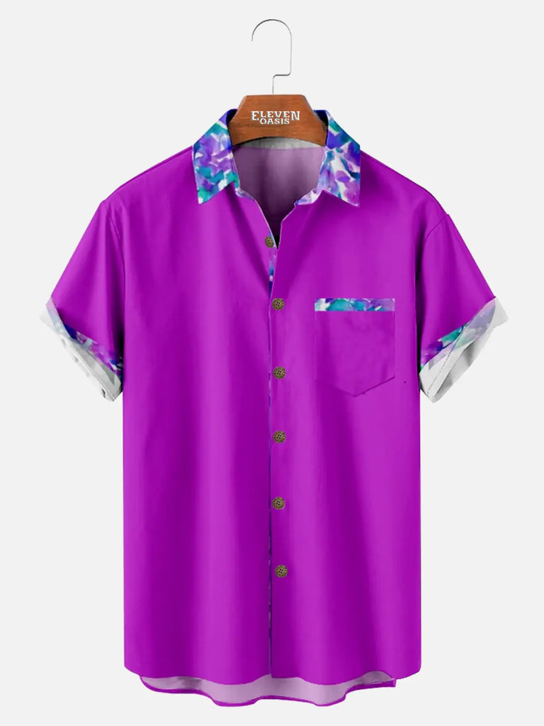 Men's Block Color Contrast Floral Pocket Short Sleeve Shirt ElevenOasis