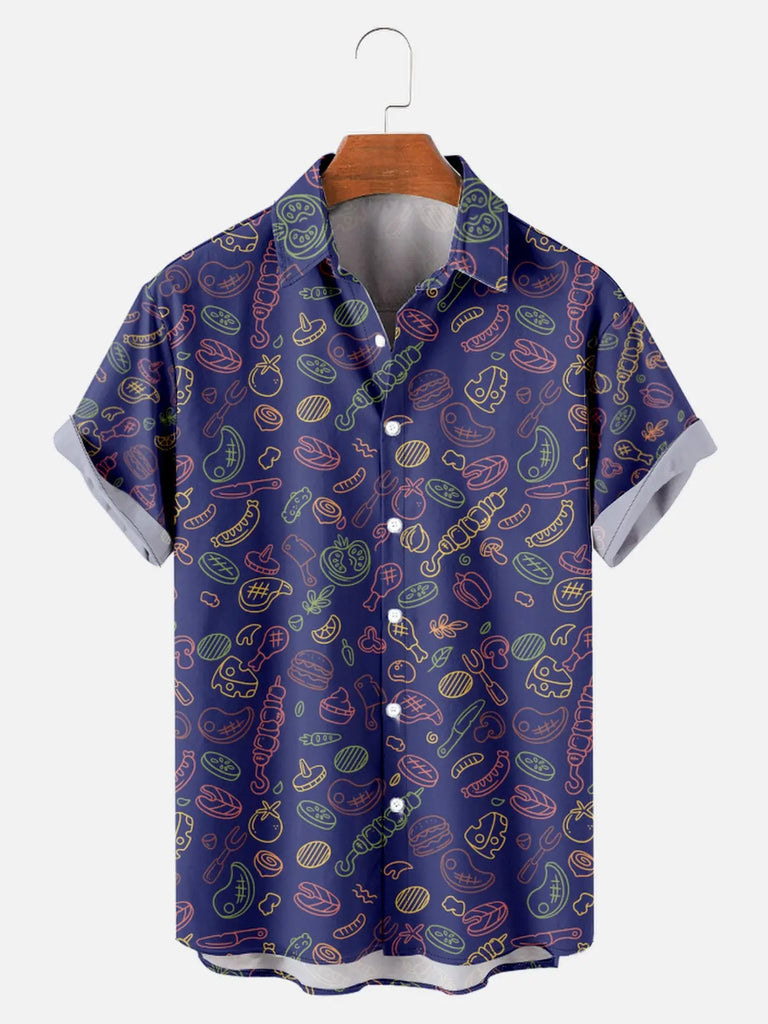 Men's BBQ Print Moisture Wicking Fabric Trendy Lapel Short Sleeve ShirtMens short sleeve shirts Big and tall Mens shirts Short sleeve shirts for men Mens 4xl shirts Casual short sleeve shirts
