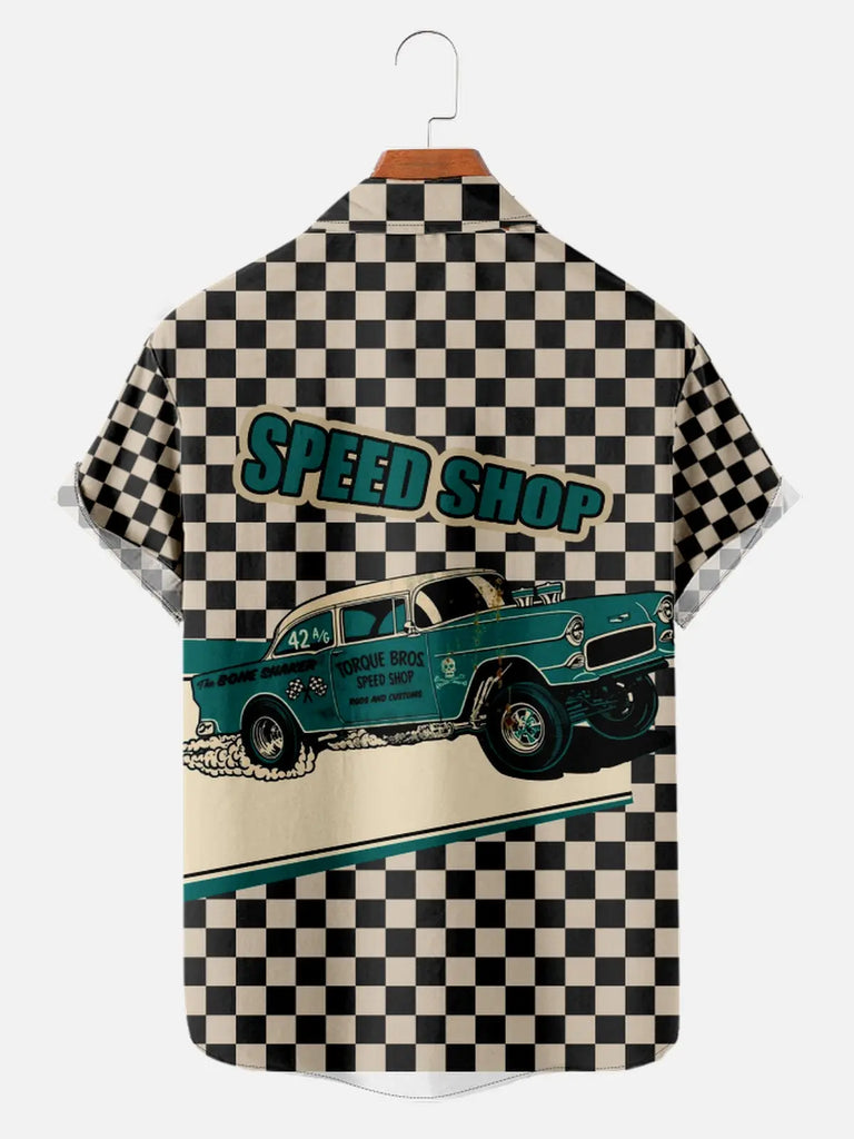 Men's Vintage Speed Shop Print Short Sleeve ShirtMens short sleeve shirts Big and tall Mens shirts Short sleeve shirts for men Mens 4xl shirts Casual short sleeve shirts