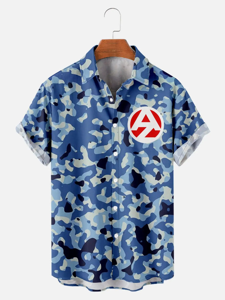 Men's GI Joe Inspired Blue Camo Print Short Sleeve ShirtMens short sleeve shirts Big and tall Mens shirts Short sleeve shirts for men Mens 4xl shirts Casual short sleeve shirts