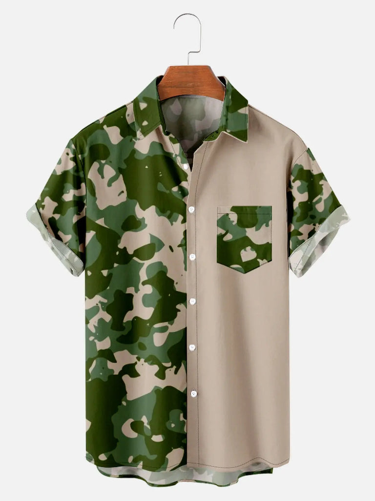 Men's Camo Print with Block Color Short Sleeve ShirtMens short sleeve shirts Big and tall Mens shirts Short sleeve shirts for men Mens 4xl shirts Casual short sleeve shirts