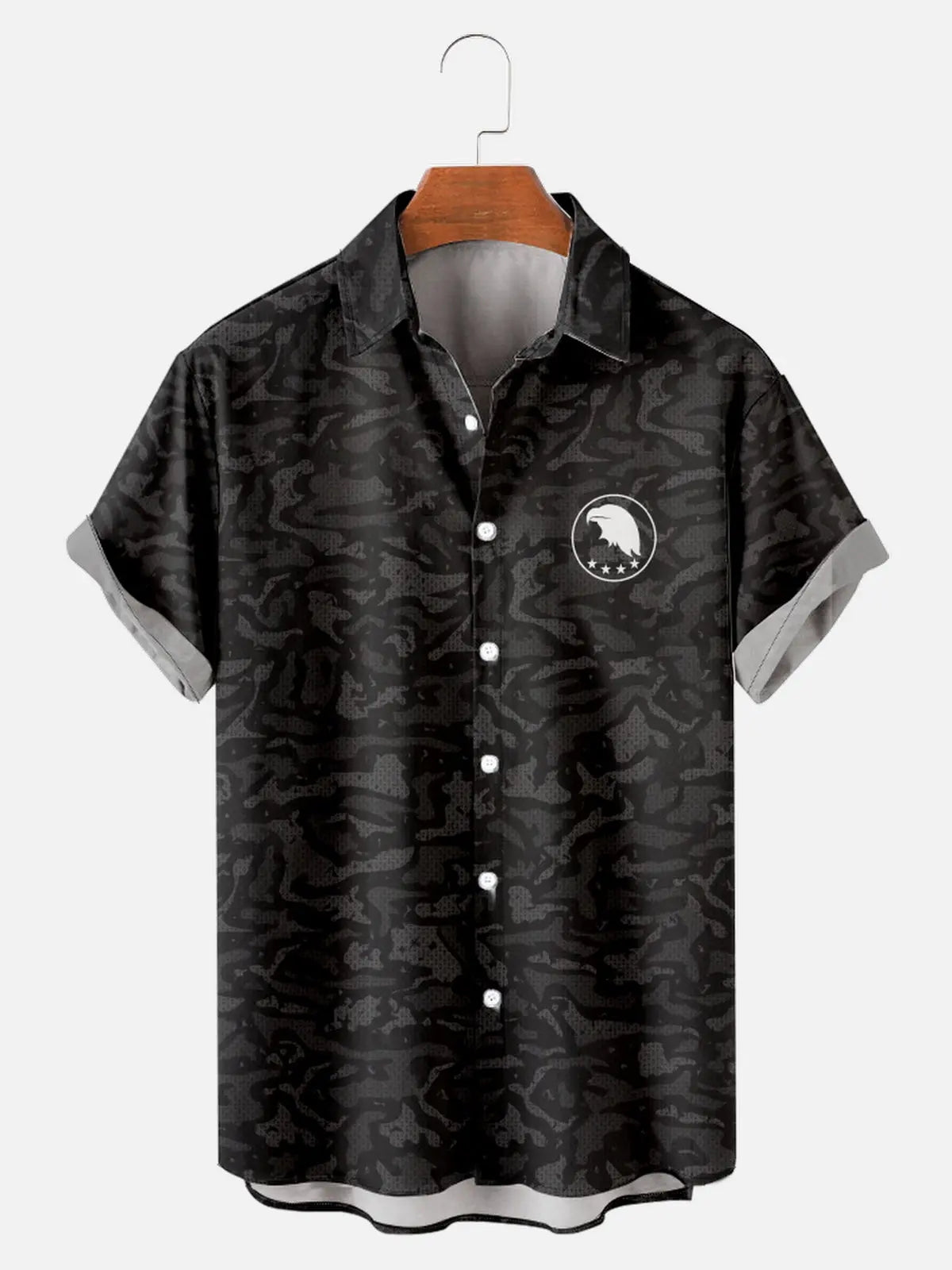 Men's Black Camo Print with Eagle Badge Short Sleeve ShirtMens short sleeve shirts Big and tall Mens shirts Short sleeve shirts for men Mens 4xl shirts Casual short sleeve shirts