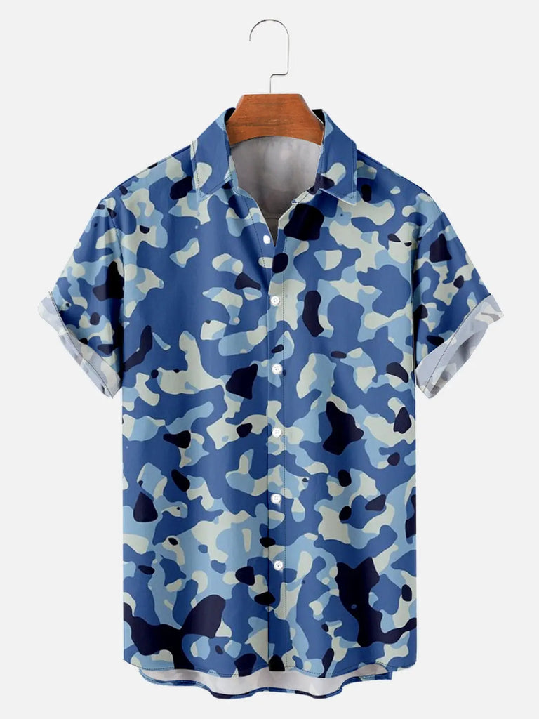 Men's Blue Camo Print Short Sleeve ShirtMens short sleeve shirts Big and tall Mens shirts Short sleeve shirts for men Mens 4xl shirts Casual short sleeve shirts