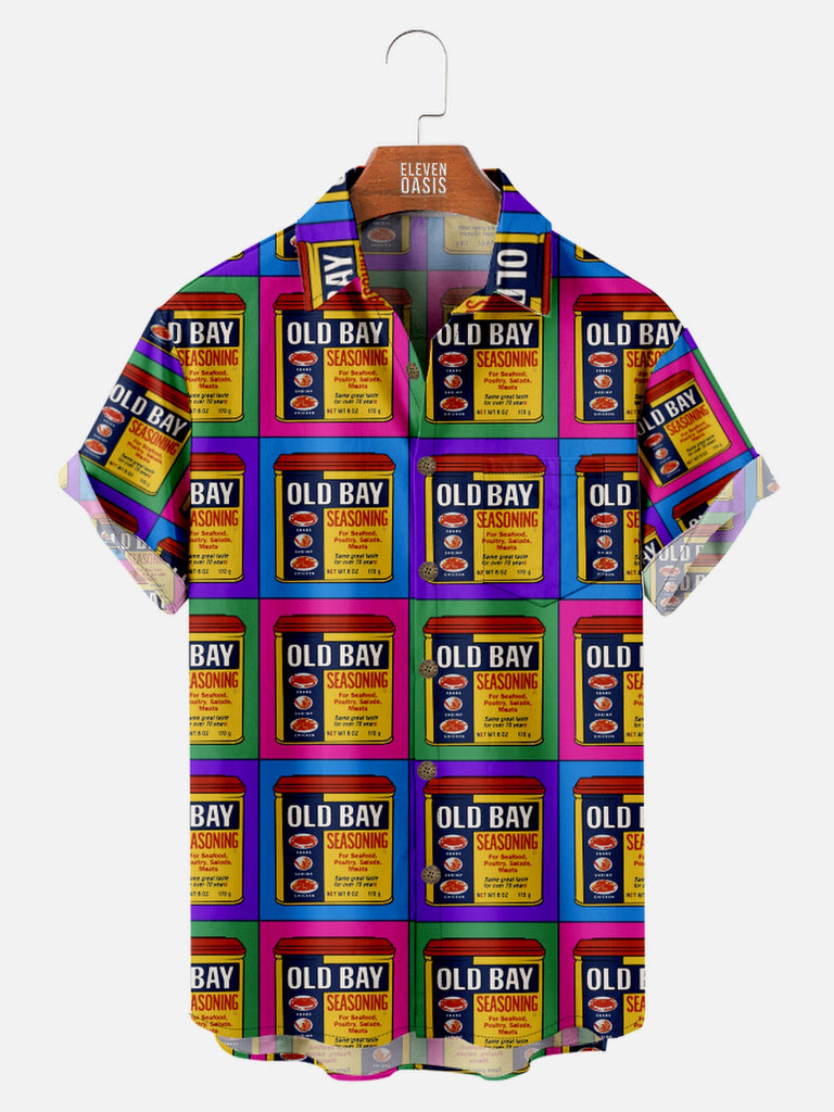 Men's Retro Old Bay Seasoning All Over Print Short Sleeve ShirtMens short sleeve shirts Big and tall Mens shirts Short sleeve shirts for men Mens 4xl shirts Casual short sleeve shirts