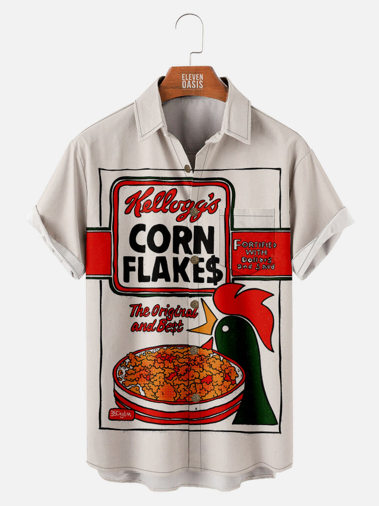 Men's Retro Corn Flakes Cereal Short Sleeve ShirtMens short sleeve shirts Big and tall Mens shirts Short sleeve shirts for men Mens 4xl shirts Casual short sleeve shirts