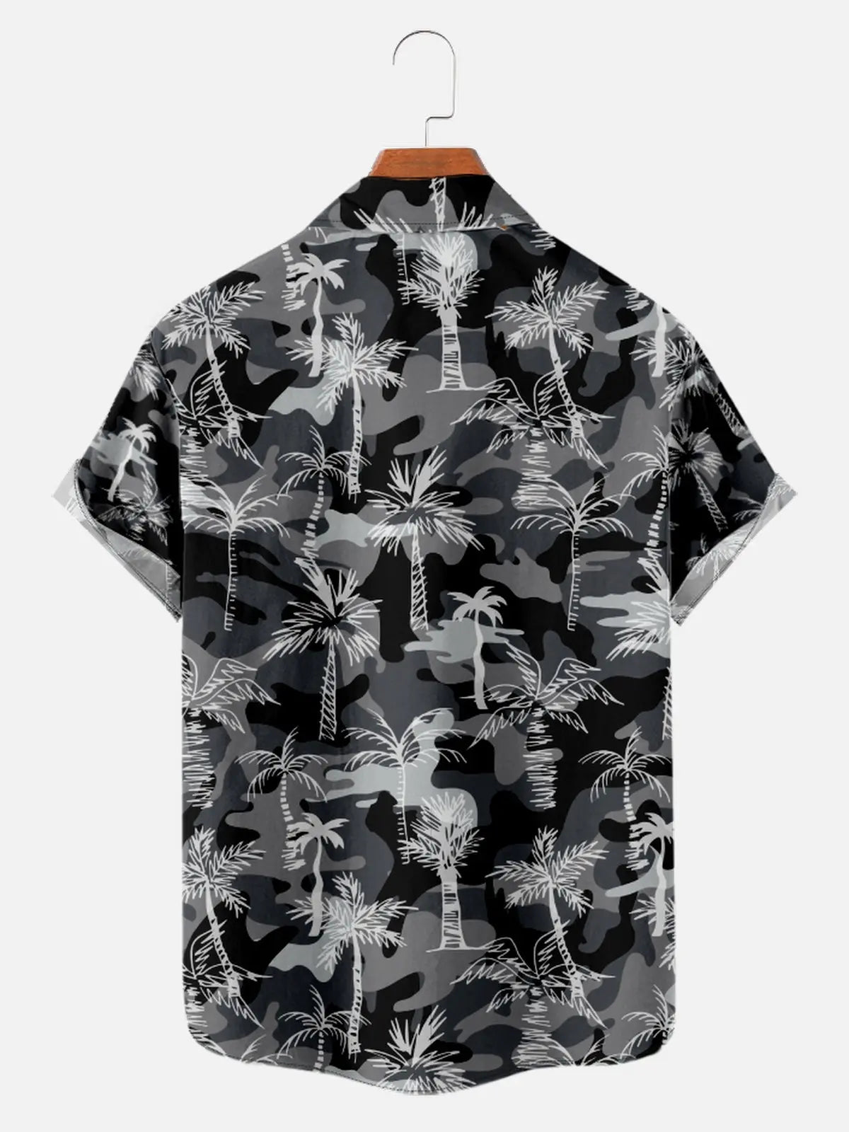 Men's Black and Grey Camo Print with Palm Trees Hawaiian Short Sleeve ShirtMens short sleeve shirts Big and tall Mens shirts Short sleeve shirts for men Mens 4xl shirts Casual short sleeve shirts