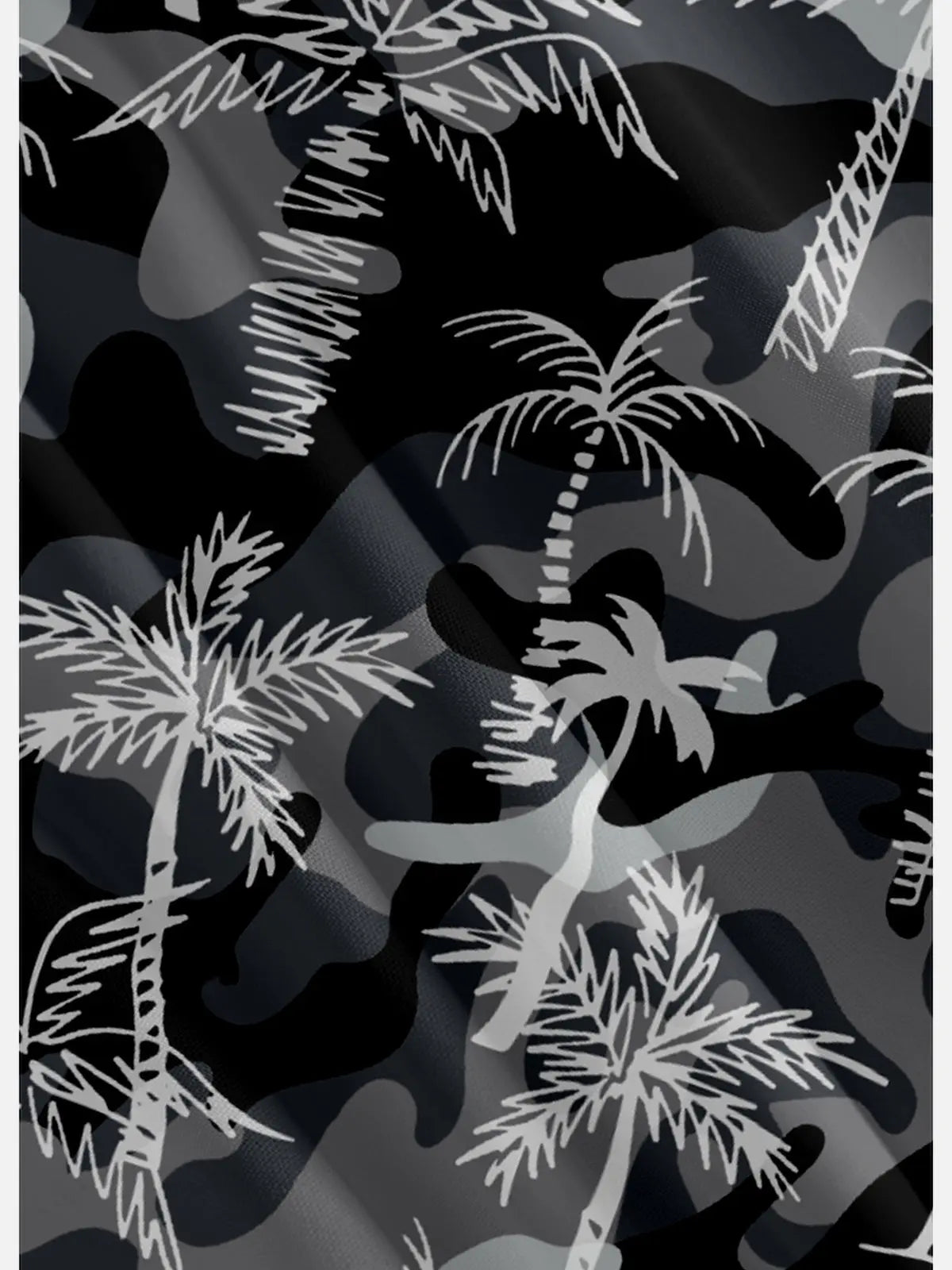 Men's Black and Grey Camo Print with Palm Trees Hawaiian Short Sleeve ShirtMens short sleeve shirts Big and tall Mens shirts Short sleeve shirts for men Mens 4xl shirts Casual short sleeve shirts