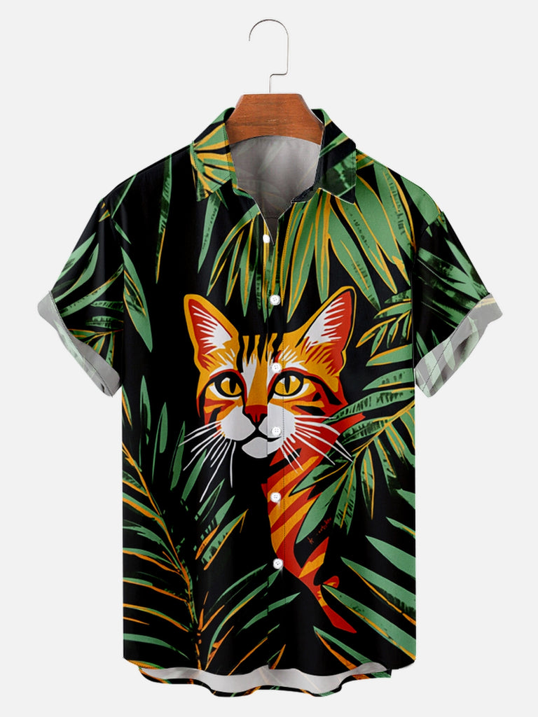 Men's Orange Cat in Foliage Short Sleeve ShirtMens short sleeve shirts Big and tall Mens shirts Short sleeve shirts for men Mens 4xl shirts Casual short sleeve shirts