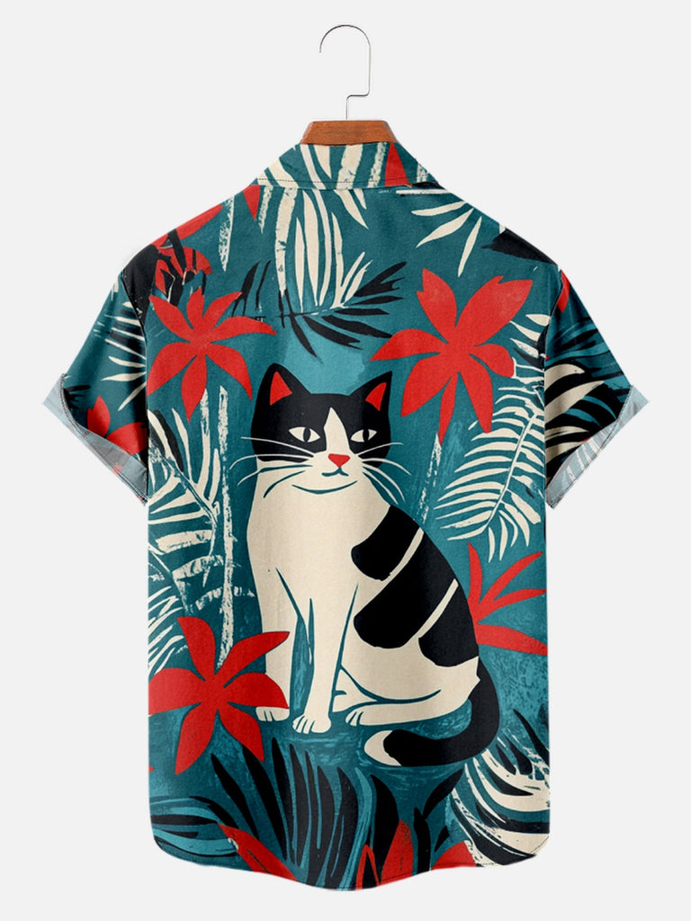 Men's Happy Tropical Cat Short Sleeve ShirtMens short sleeve shirts Big and tall Mens shirts Short sleeve shirts for men Mens 4xl shirts Casual short sleeve shirts