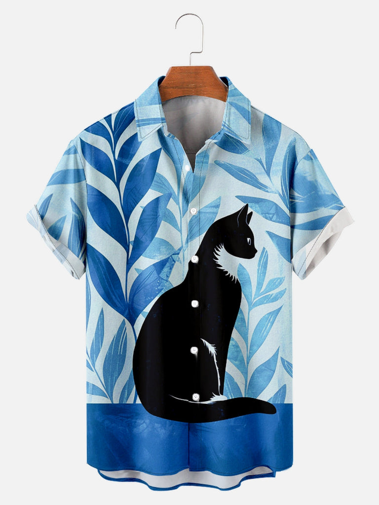 Men's Elegant Cat Sitting with Leaves Short Sleeve ShirtMens short sleeve shirts Big and tall Mens shirts Short sleeve shirts for men Mens 4xl shirts Casual short sleeve shirts