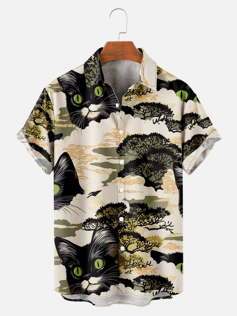 Men's Cats Peering Through Japanese Pine Trees Short Sleeve ShirtMens short sleeve shirts Big and tall Mens shirts Short sleeve shirts for men Mens 4xl shirts Casual short sleeve shirts