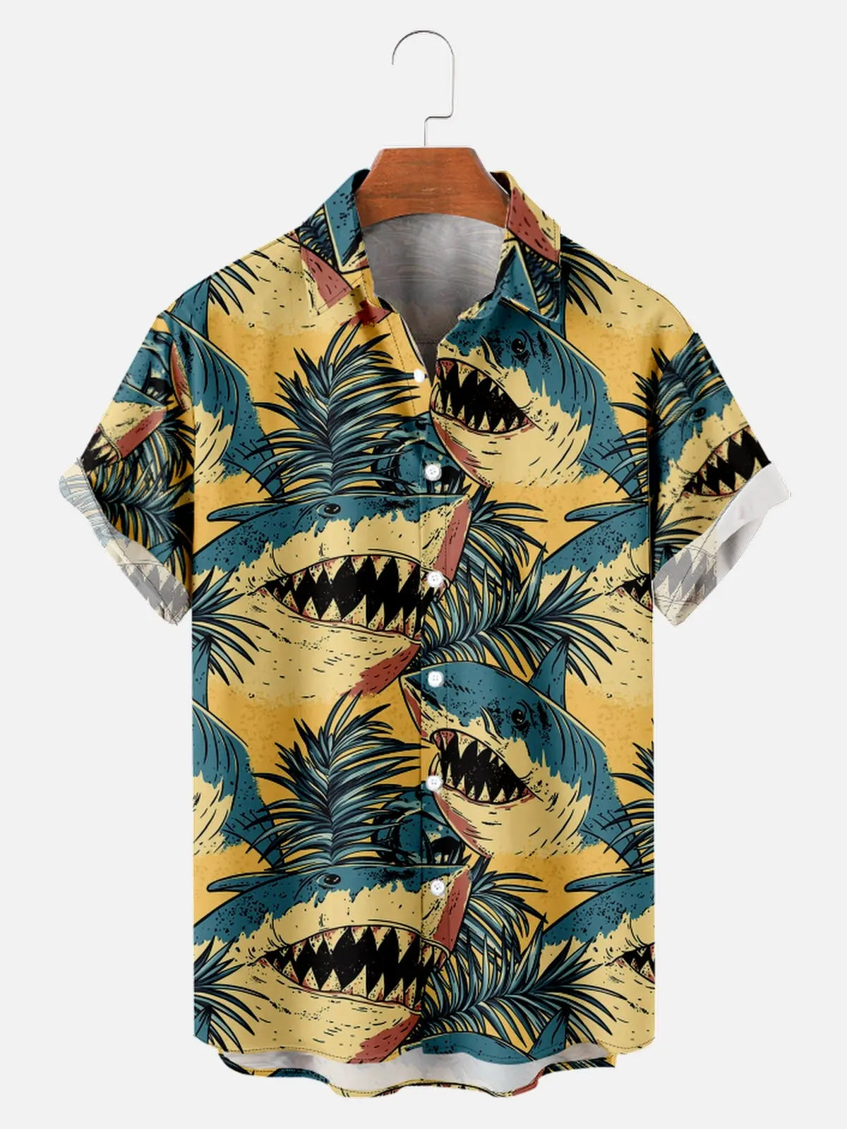 Men's Hand-drawn Sharks with Palm Leaves Short Sleeve ShirtMens short sleeve shirts Big and tall Mens shirts Short sleeve shirts for men Mens 4xl shirts Casual short sleeve shirts