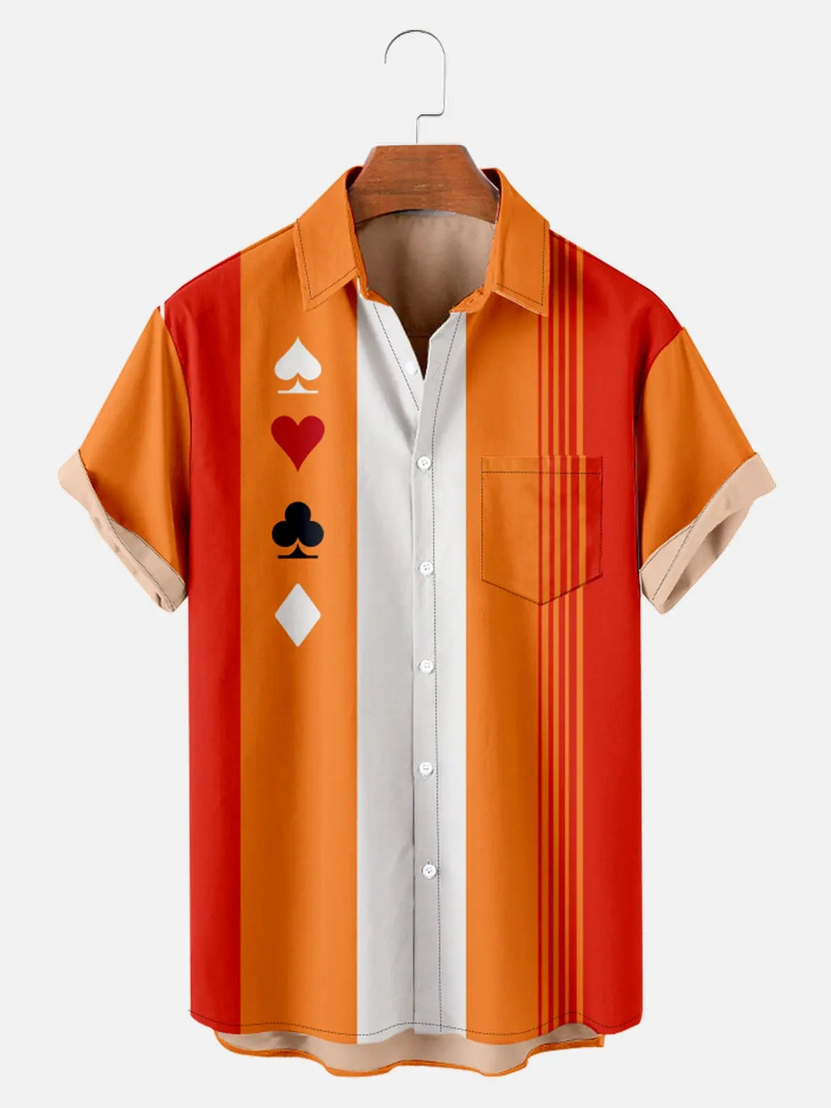 Tall Men's Card Suits Stripe Bowling Short Sleeve Shirt Eleven Oasis
