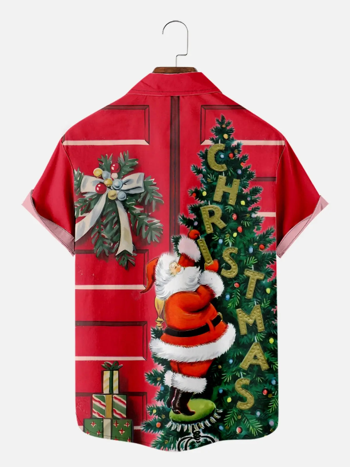 Men's Santa Puts Up Christmas Ornaments on Tree Short Sleeve Shirt, mens short sleeve shirts?¡§o?big and tall mens shirts?¡§o?short sleeve shirts for men?¡§o?mens 4xl shirts?¡§o?casual short sleeve shirts