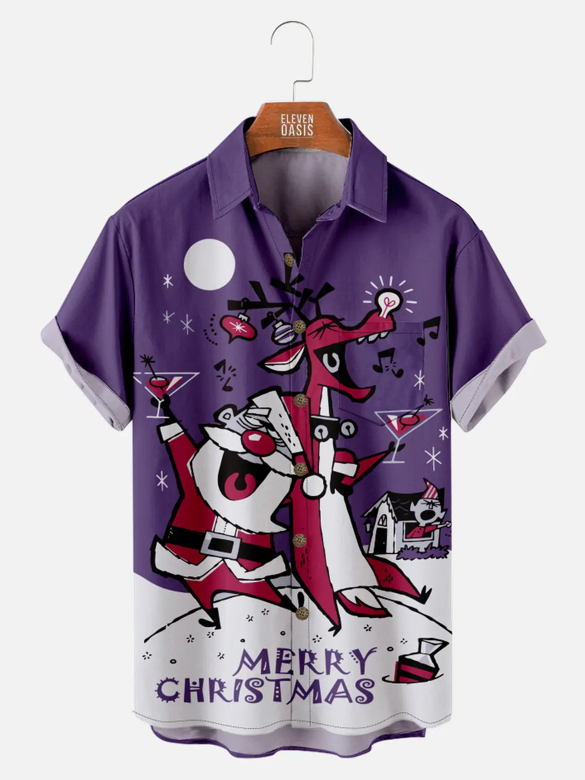 Men's Merry Christmas with Santa and Reindeer Drinking Cocktails Short Sleeve Shirt, mens short sleeve shirts???¨¬o?big and tall mens shirts???¨¬o?short sleeve shirts for men???¨¬o?mens 4xl shirts???¨¬o?casual short sleeve shirts