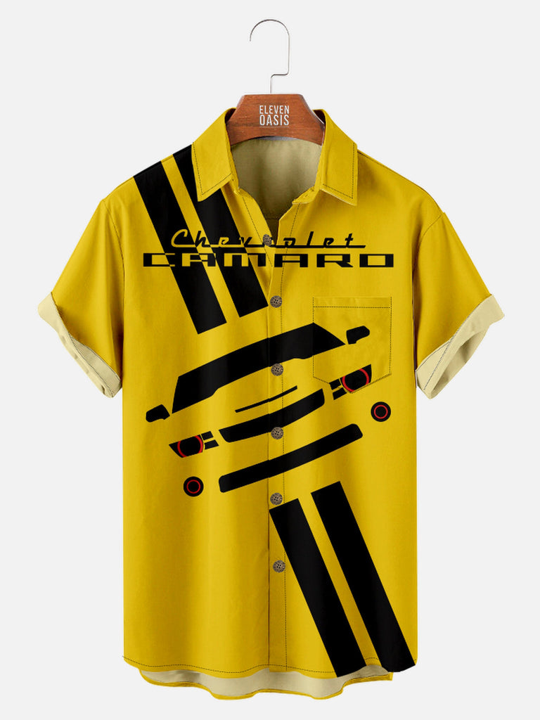 Men's Yellow Chevrolet Camaro Stripes Short Sleeve Shirt, mens short sleeve shirts¡ê?big and tall mens shirts¡ê?short sleeve shirts for men¡ê?mens 4xl shirts¡ê?casual short sleeve shirts