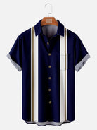 Men's Midnight Blue with White and Bronze Striped Bowling Short Sleeve Shirt, mens short sleeve shirts???¡§?o?big and tall mens shirts???¡§?o?short sleeve shirts for men???¡§?o?mens 4xl shirts???¡§?o?casual short sleeve shirts