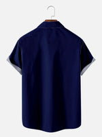 Men's Midnight Blue with White and Bronze Striped Bowling Short Sleeve Shirt, mens short sleeve shirts¡ê?big and tall mens shirts¡ê?short sleeve shirts for men¡ê?mens 4xl shirts¡ê?casual short sleeve shirts