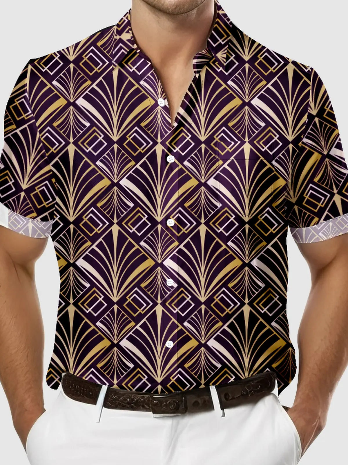 Men's Art Deco Great Gatsby Golden Pattern Short Sleeve Shirt, mens short sleeve shirts??¡ìo?big and tall mens shirts??¡ìo?short sleeve shirts for men??¡ìo?mens 4xl shirts??¡ìo?casual short sleeve shirts
